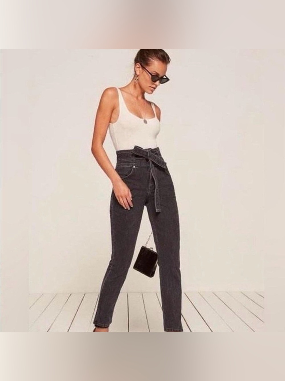 Reformation washer high rise paper bag waist tie black skinny stretch jeans 24